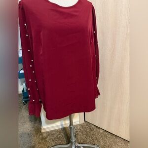 SHEIN Burgundy Long Sleeve Dress with Pearl Details